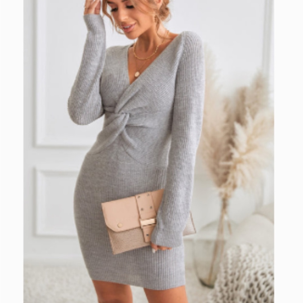 Cupshe Mavis Ribbed Twist-Front Dress Medium Grey New